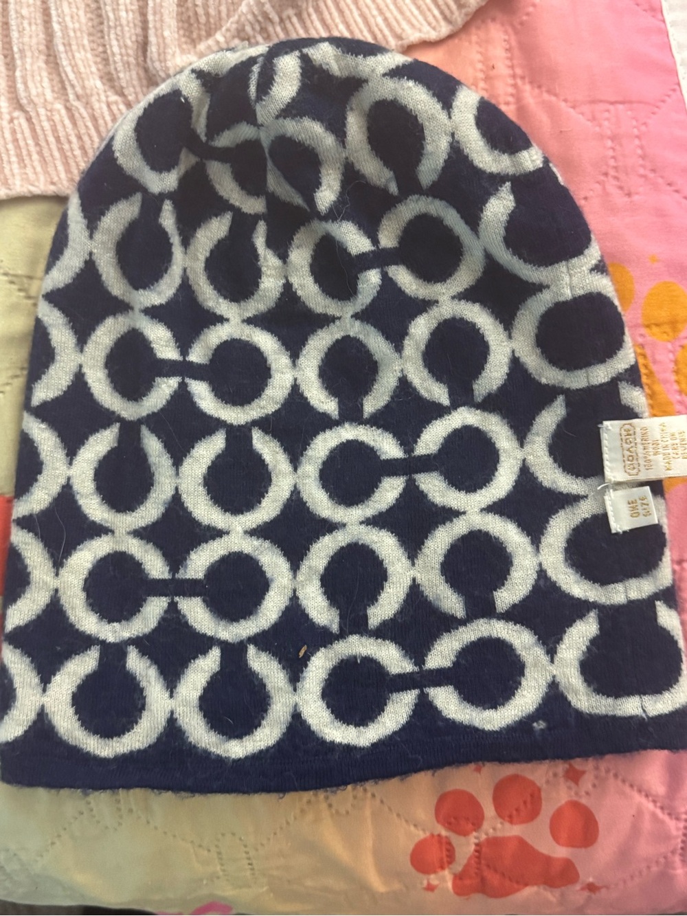 Coach Navy and White Logo Beanie